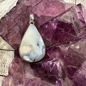 Dendritic Opal Teardrop Sterling Silver Plated Pendant white black cream agate